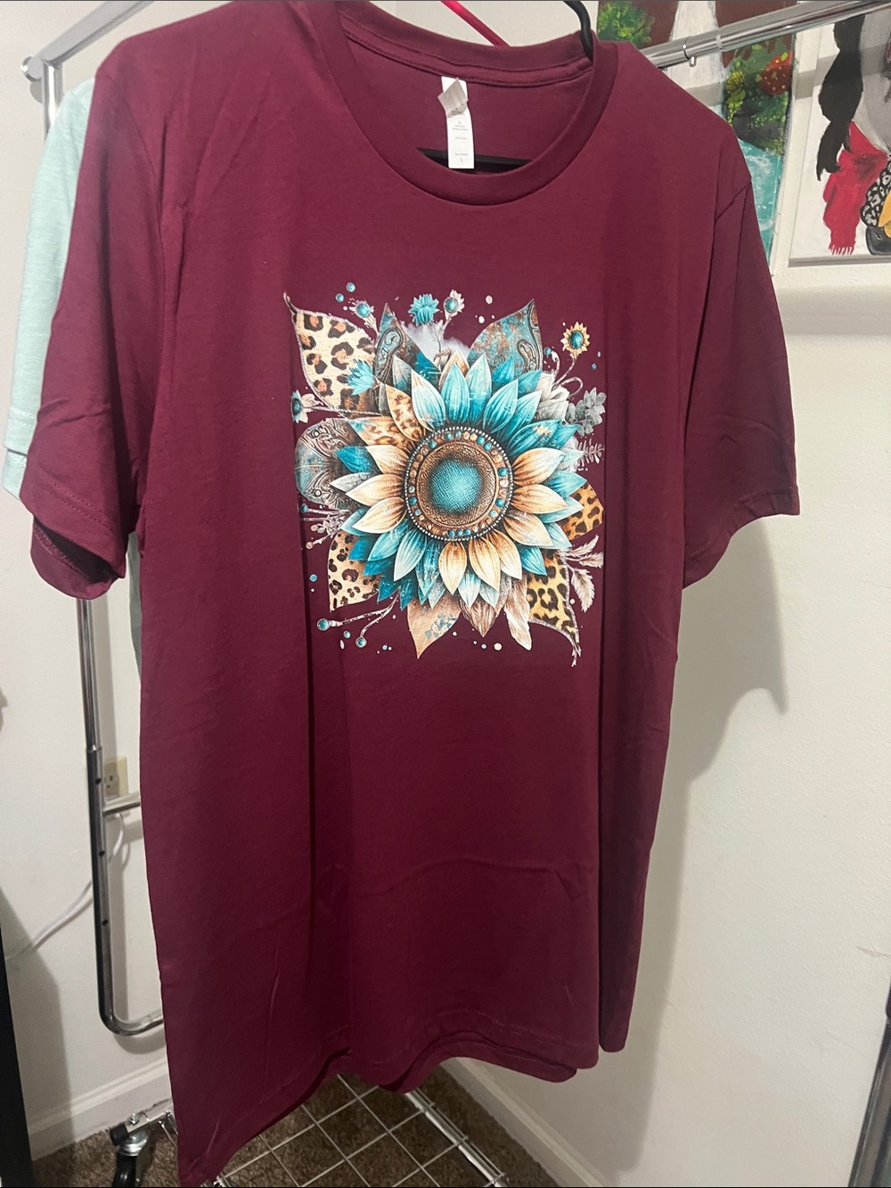 Bella Canvas Maroon Tee with Turquoise Sunflower and Leopard Accents